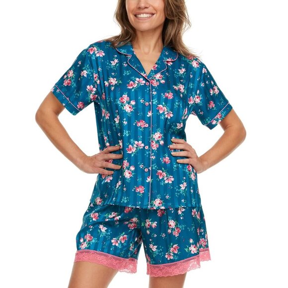 Flora Nikrooz Womens Notch Collar PJ Set Charmeuse Blue Pink NWT - Picture 1 of 5